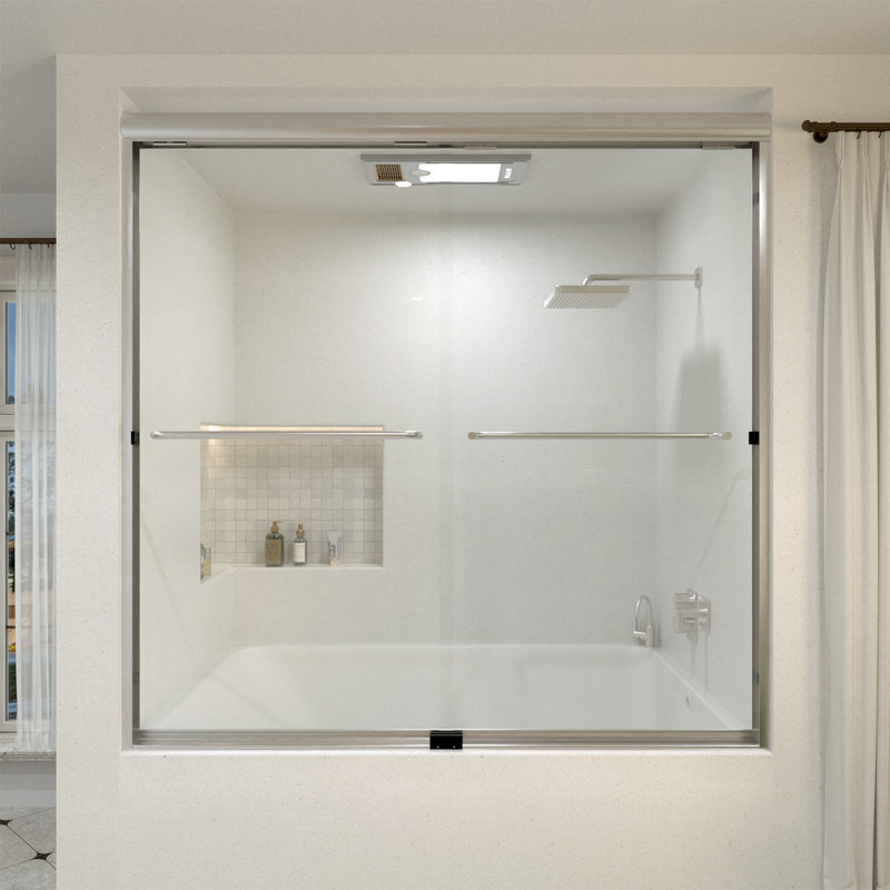Linear 60 In. W X 56 In. H Sliding Framed Bath Tub Door And Transparent Glass in Brushedn Nickel, Brushed Nickel