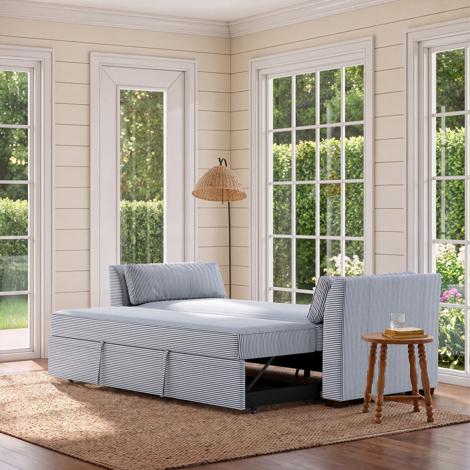 Bayla Upholstered, White with Blue Stripes