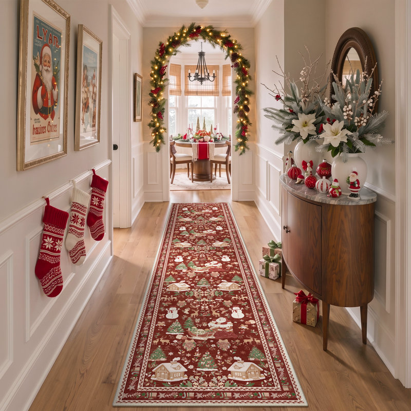 Tapis rouge lavable à la machine Christmas, Tapis de couloir 2 pi x 10 pi