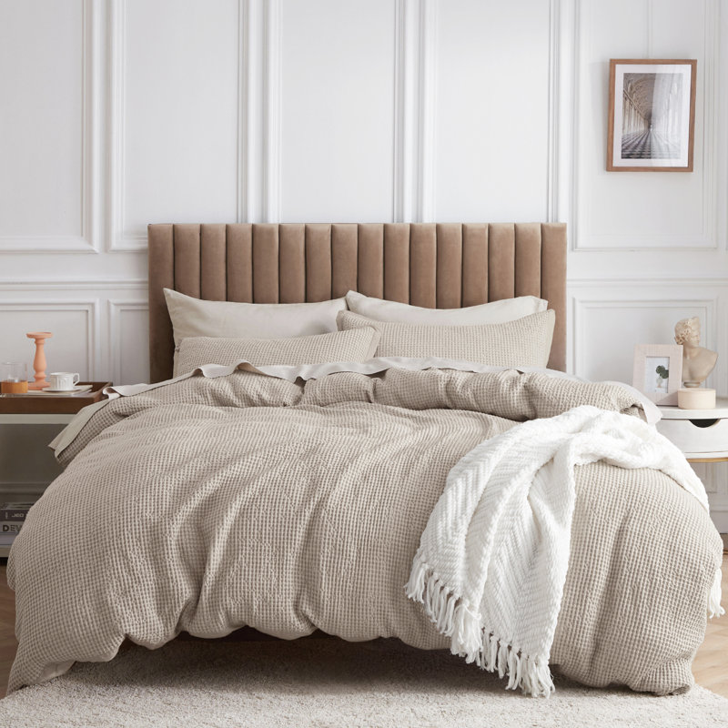Bedsure 100% Cotton Duvet Cover with Fitted Sheet - 4 Pieces  Waffle Weave Bedding Set, Gray