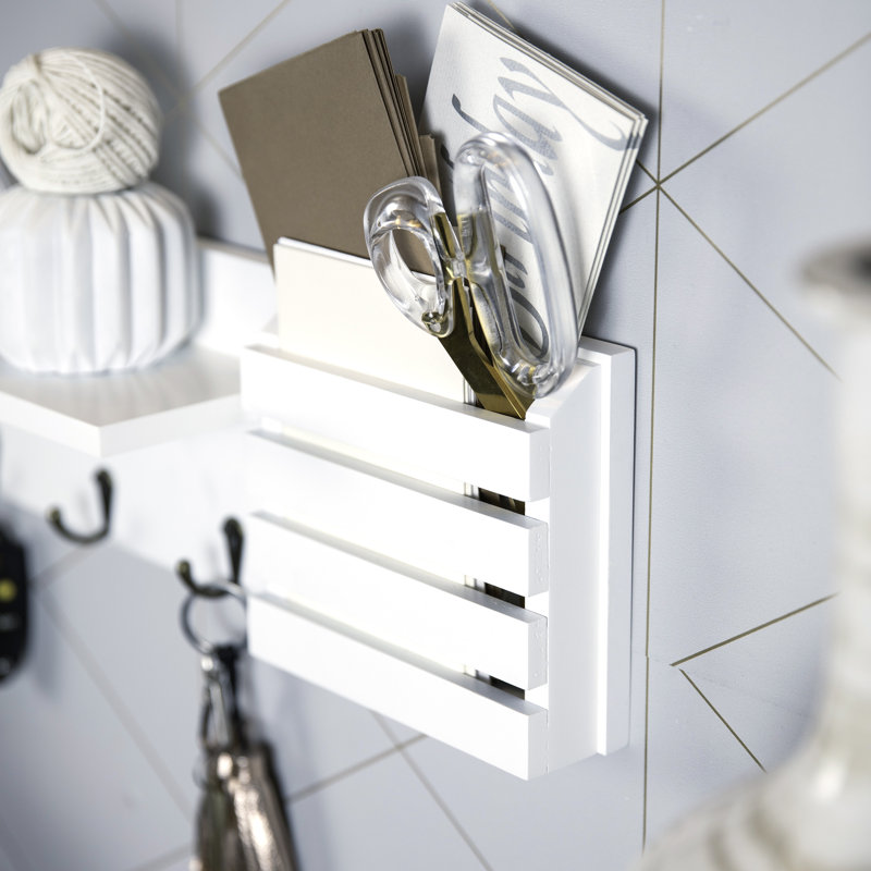 Speight Wall Mail Organizer with Key Hooks, White/Brown
