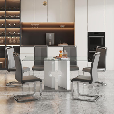 Ensemble de table de salle à manger 63 ", ensemble de table de salle à manger en verre avec chaises en cuir synthétique
