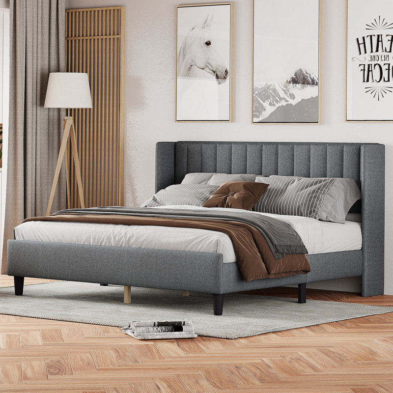 Hudayfi Upholstered Platform Bed, Light Gray, King