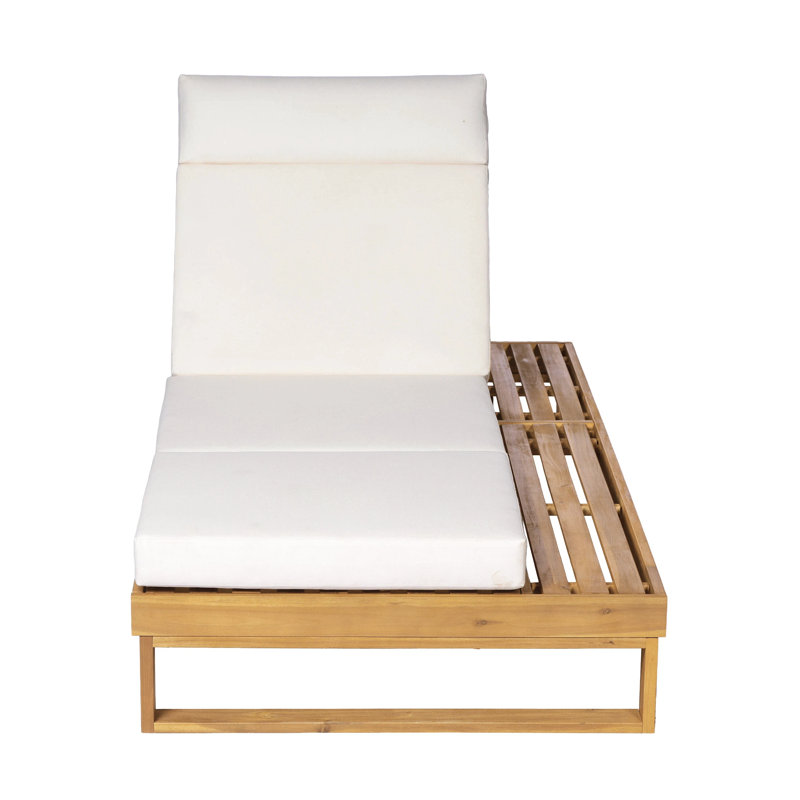 Acacia Wood Chaise Lounge with 4-Inch 4-Fold Cushion Set, Adjustable Outdoor Patio Lounger with Flat Side Surface, for Poolside