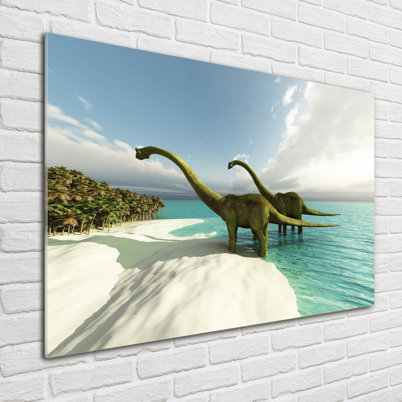 Dinosaurs On The Beach - No Frame Print on Glass