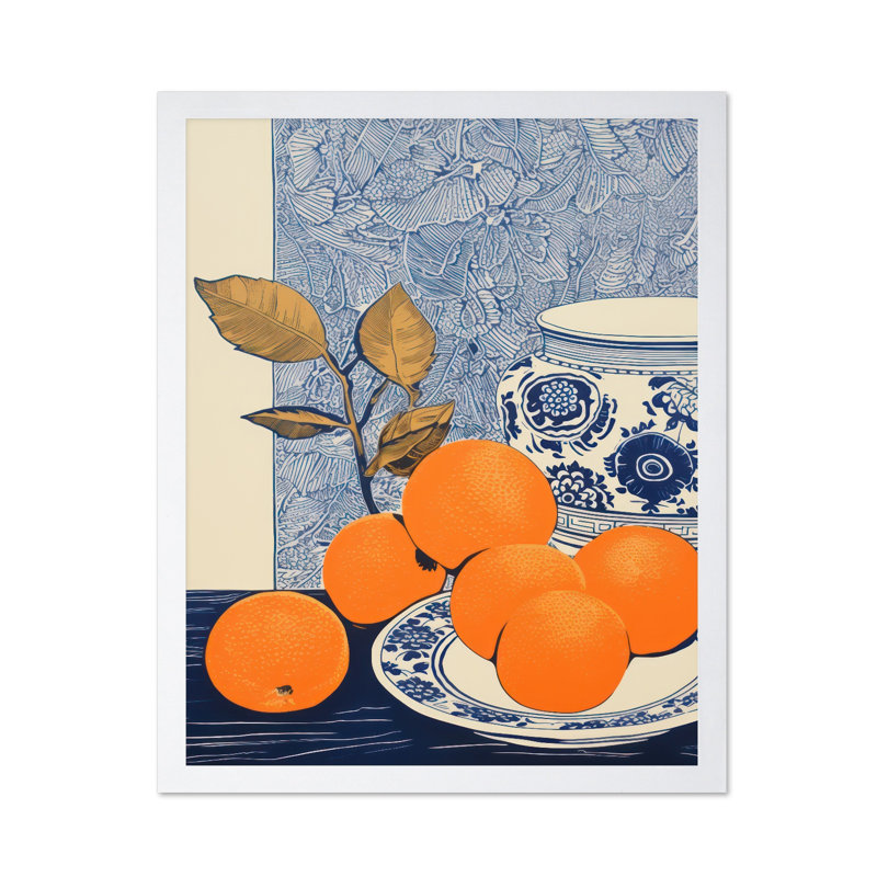 Oranges et vase bleu, Affiche, H 12 po x l 16 po, Encadrement blanc