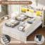 Grand lit de rangement blanc avec tête de lit à DEL et station de charge - lit plateforme de ferme avec 4 tiroirs, armoires à portes rabattables, ports USB, aucun sommier nécessaire, cadre en bois rustique et en métal-600952842-600952841
