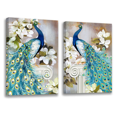 Paons bleus avec fleurs, ensemble sur toile