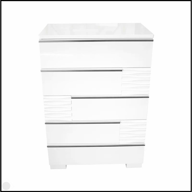 Commode 5 tiroirs moderne en laque blanche et bois de peuplier pour un rangement durable et élégant dans la chambre à coucher