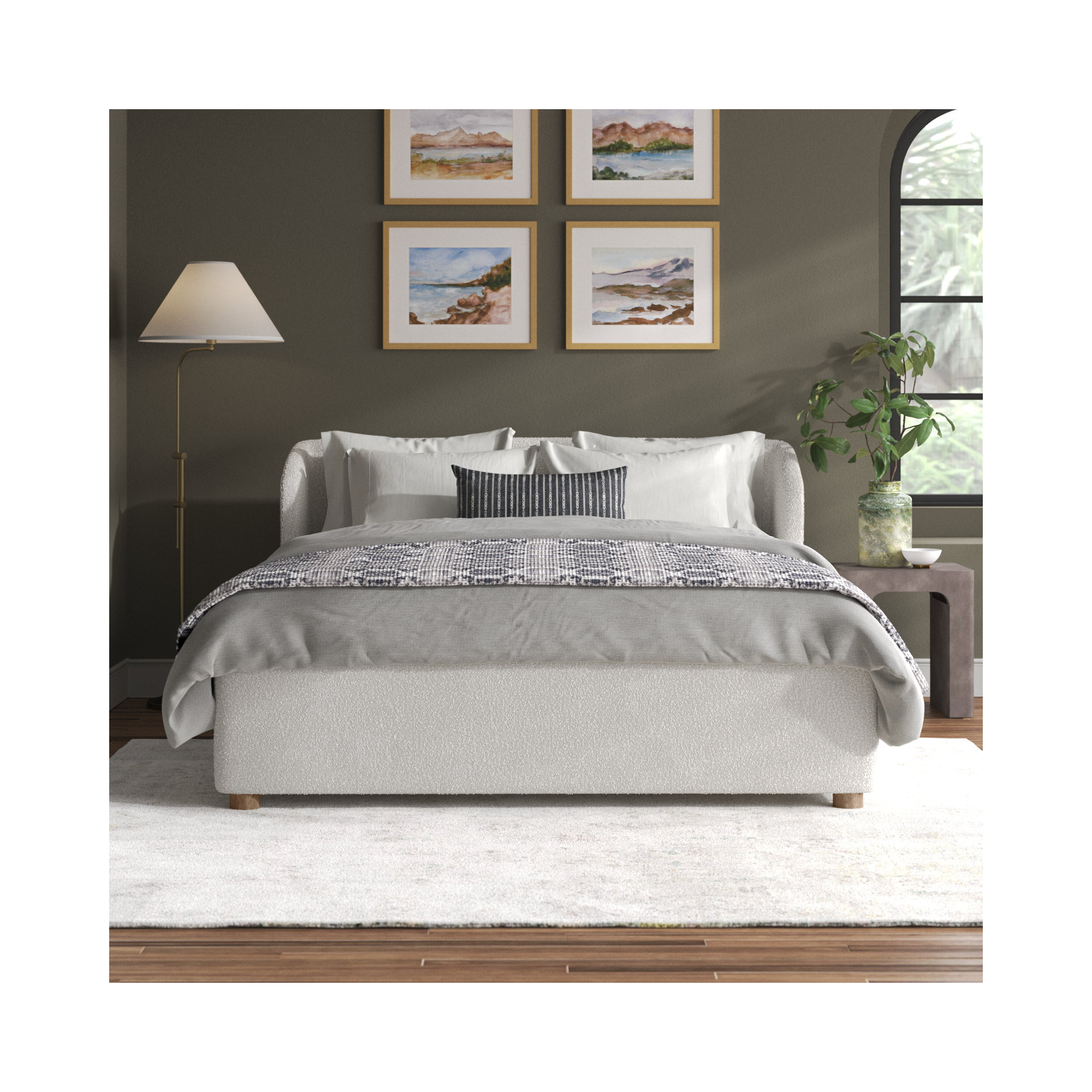Kris Upholstered Platform Bed, Whipped Honey Linen Blend, Queen