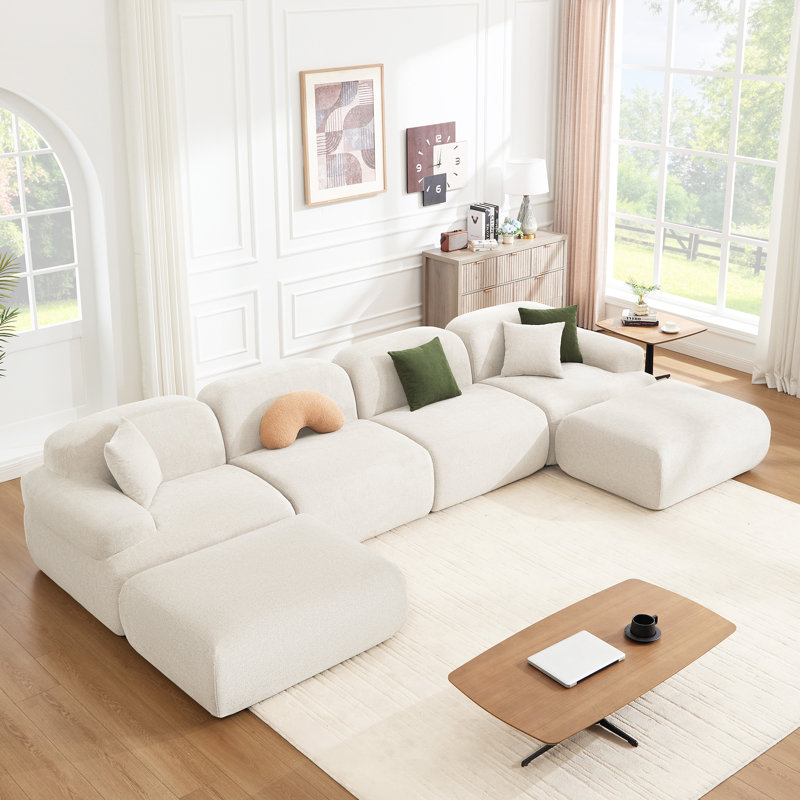 153.5" U Shaped Sectional Compression Chenille Corduroy Modular Sofa Oversized, Beige Polyester Blend
