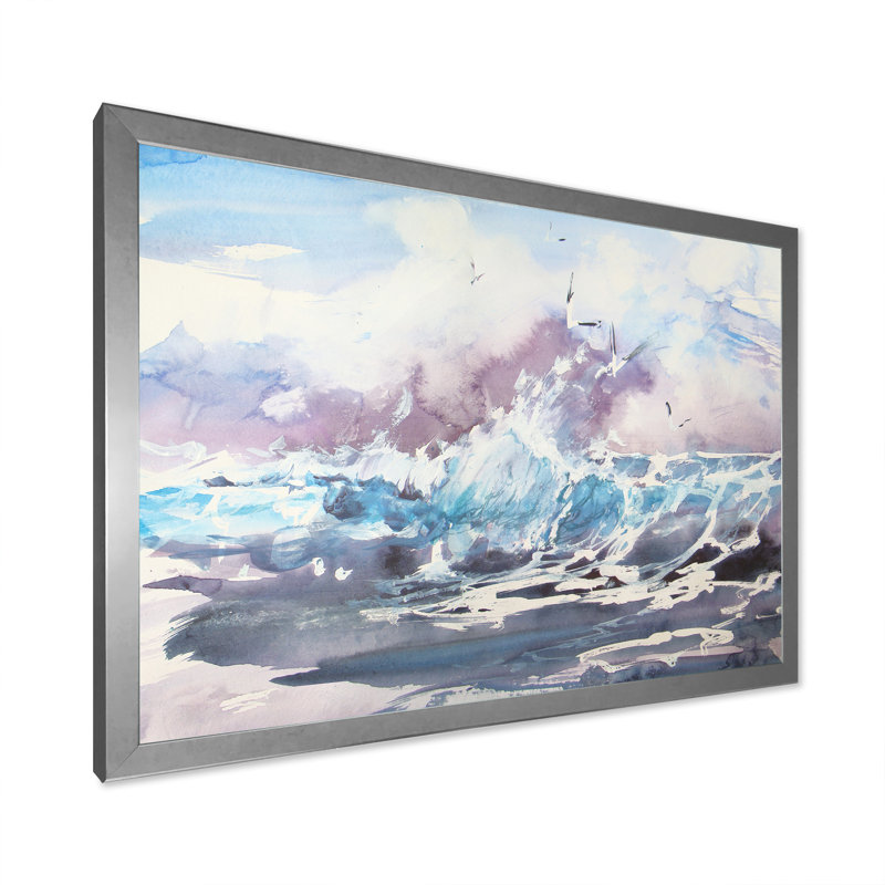 Vague et mouettes - reproduction d'art nautique et côtier sur toile, H 16 po x l 32 po x P 1 po, Cadre photo argenté