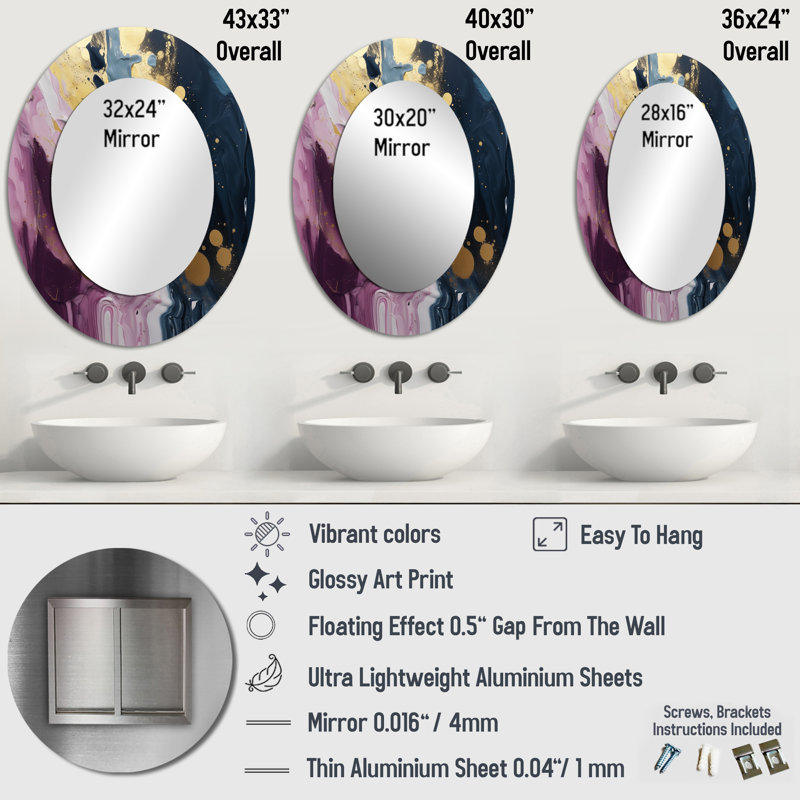 Purple And Blue Movements In Paint III - Modern Oval Wall Mirror, 36" x 24"