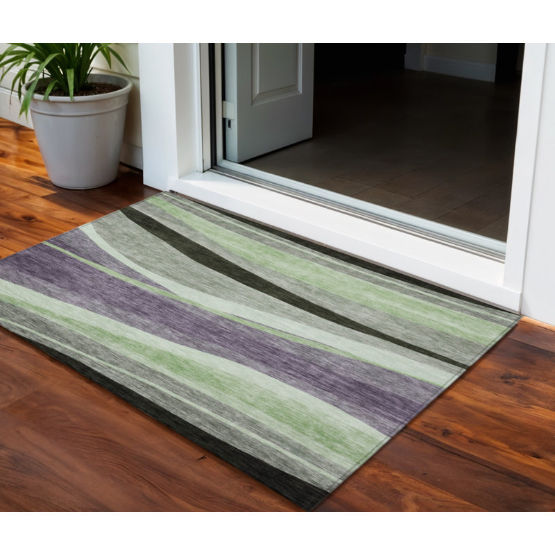 3' X 5' Purple And Green Abstract Washable Indoor Outdoor Area Rug
