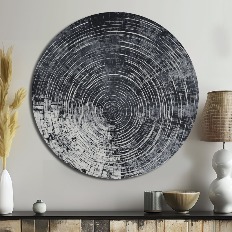 «Celestial Balance Wood Slide», art mural rond éclectique moderne, art mural contemporain en métal rond, H 36 po x l 36 po