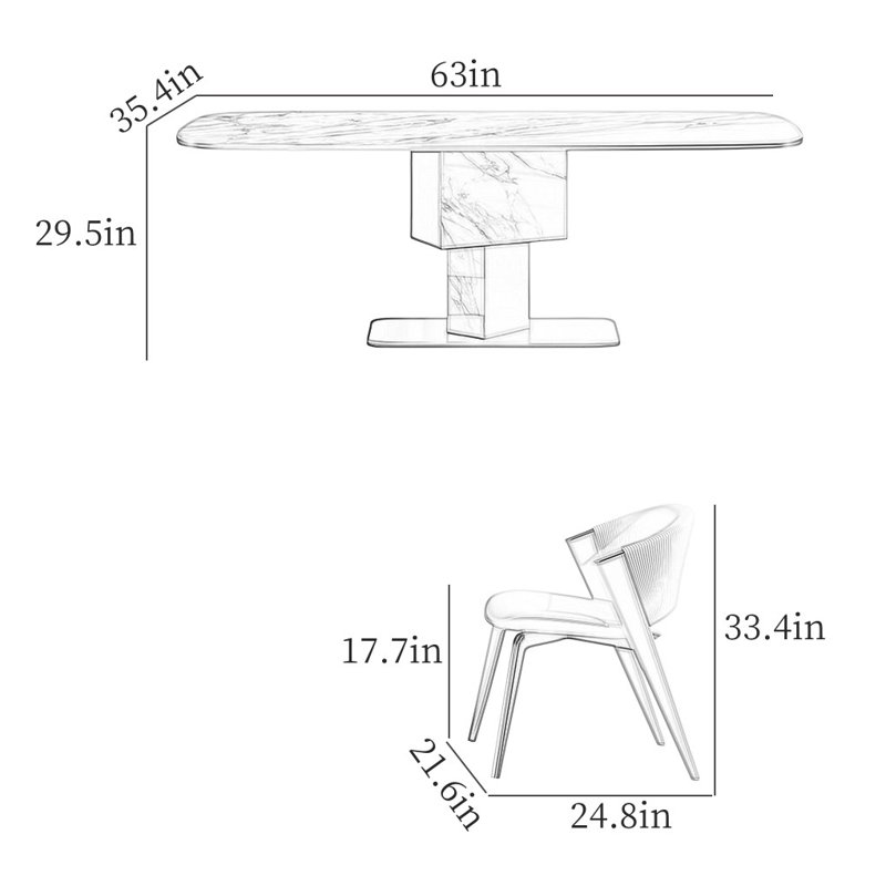 Simple Rectangular Rock Slab Dining Table Sets, 29.5"H x 63"L x 35.4"W