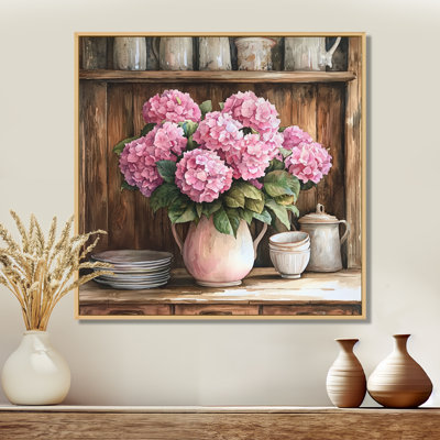 Hortensias à la ferme dans un vase en poterie III - hydrangées, art mural