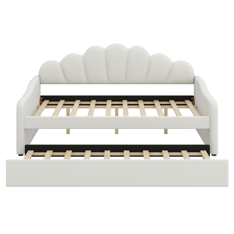 Structure de lit de jour rembourré avec dossier de forme basse et lit gigogne, Blanc