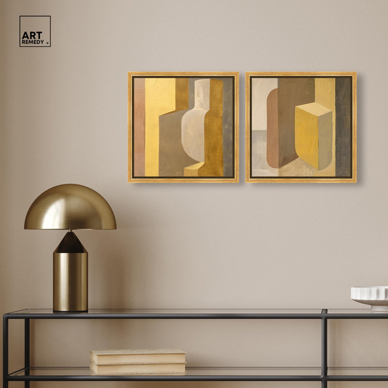 Columnar Forms Diptych Canvas Print Beige Wall Decor Set by Art Remedy, Black Frame, 12 x 12, 13" H x 13" W, Gold Frame