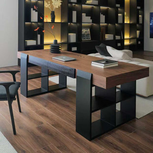 Modern Walnut 70.86'' W  Writing Desk With Drawer & Bookshelf Storage For Office And Home Office