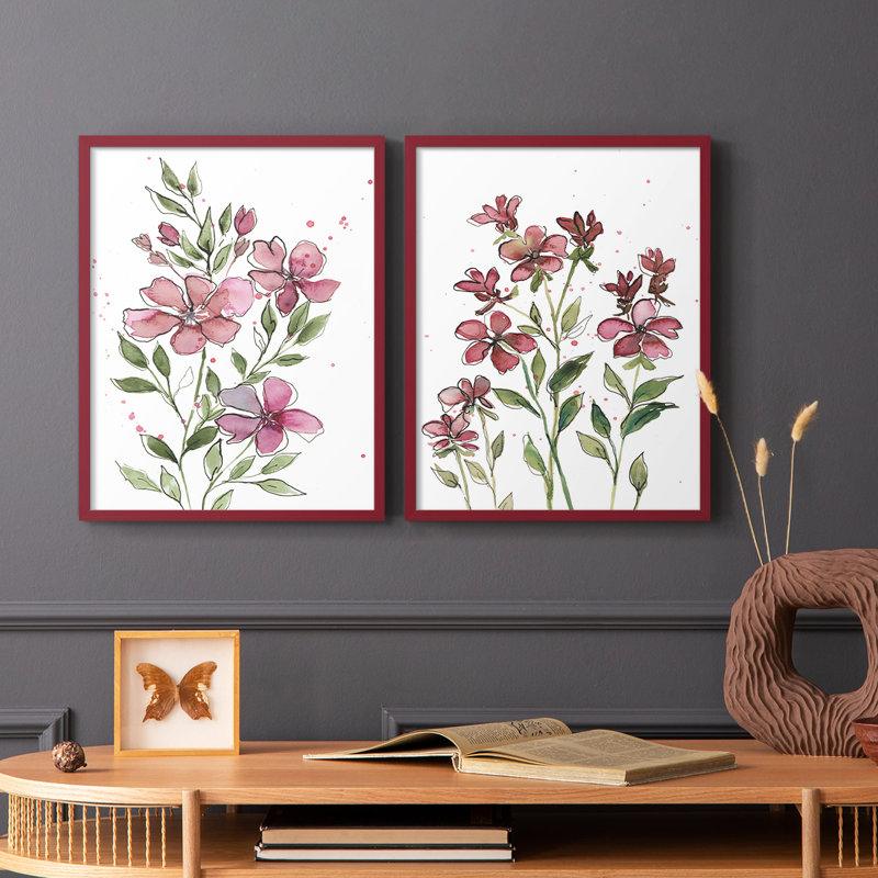 Aquarelle sur tiges florales I - reproduction encadrée de qualité supérieure - prête à être accrochée - aucun clou requis - aucun clou requis