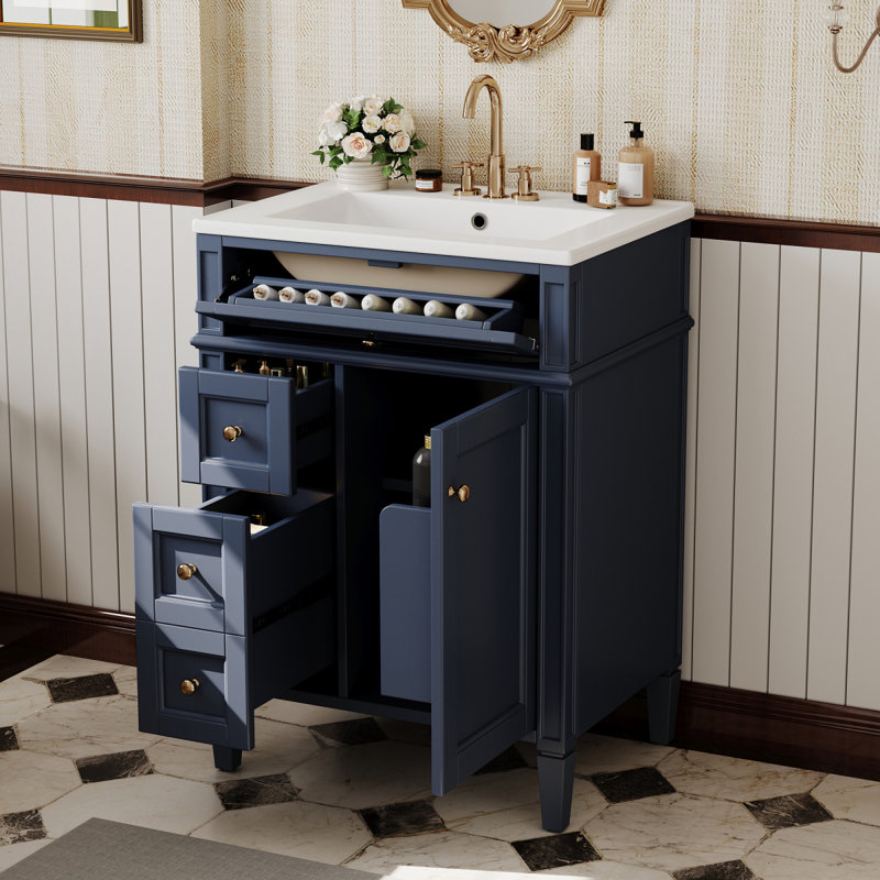 Meuble-lavabo 24 po avec lavabo supérieur, meuble-lavabo moderne avec 2 tiroirs et un tiroir basculant, meuble-lavabo simple
