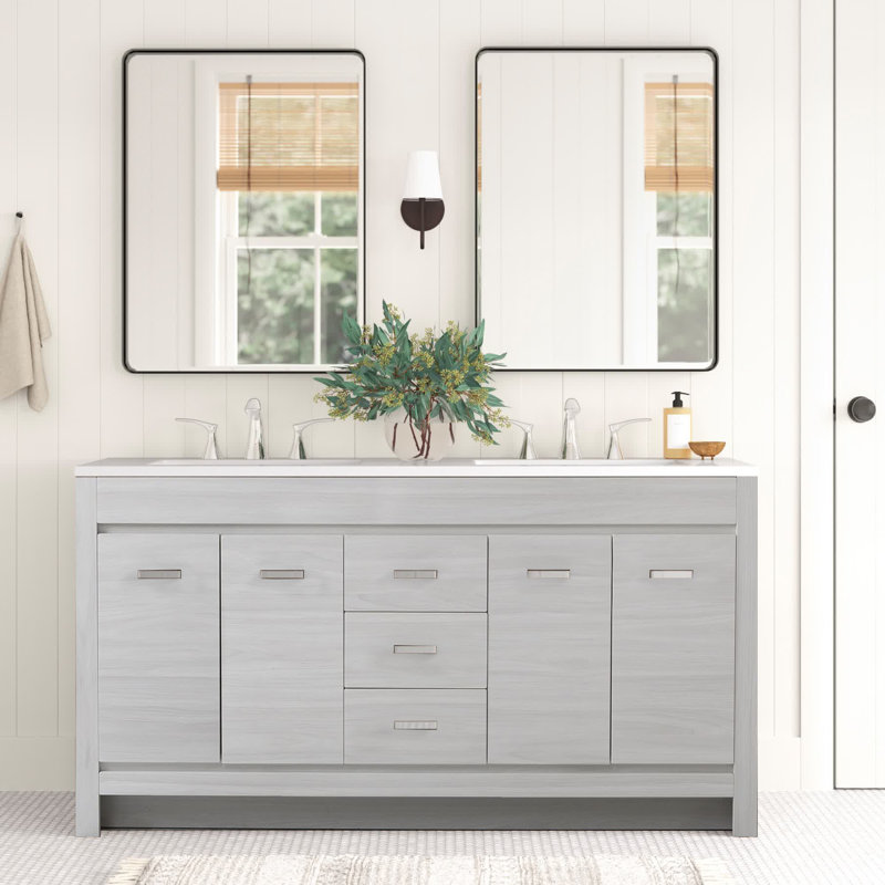 60.5" Double Bathroom Vanity With Cultured Marble Top, Elm Sky