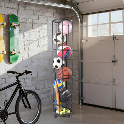 Ball Storage Rack With Small Bottom Ball Holder, 3 Adjustable Elastic Cords Sports Equipment Organizer, Wall-Mounted Basketball Rack, 4 Layer