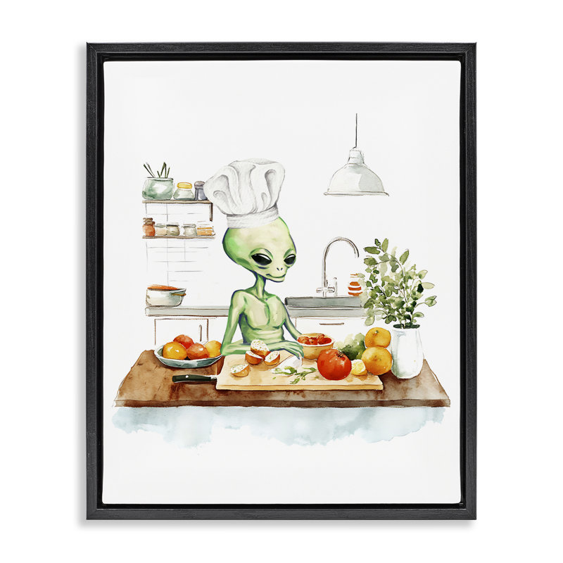 Chef Alien in Kitchen Floating Frame, design by Lil' Rue, Jet Black Floater Frame, 21" H x 17" W