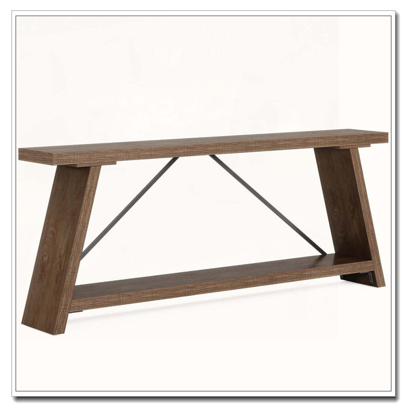Industrial Extra-Long Two-Tier Console Table with Storage Shelves, Light Brown