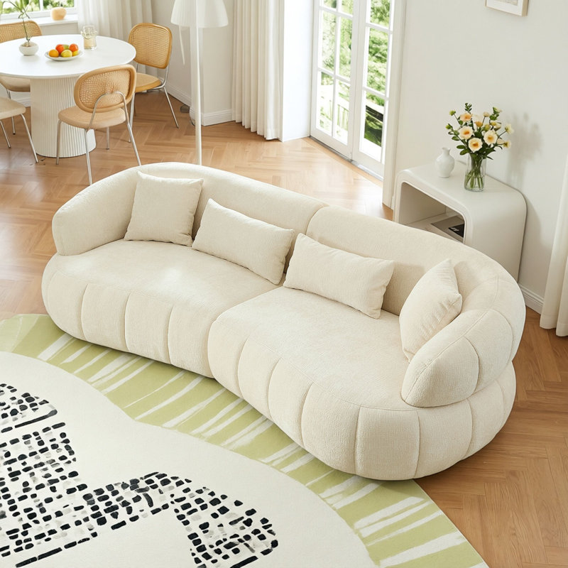 102" Curved Sectional Sofa – Beige Boucle Oversized Loveseat, Modern Bubble Couch for Living Room, No Assembly, Beige