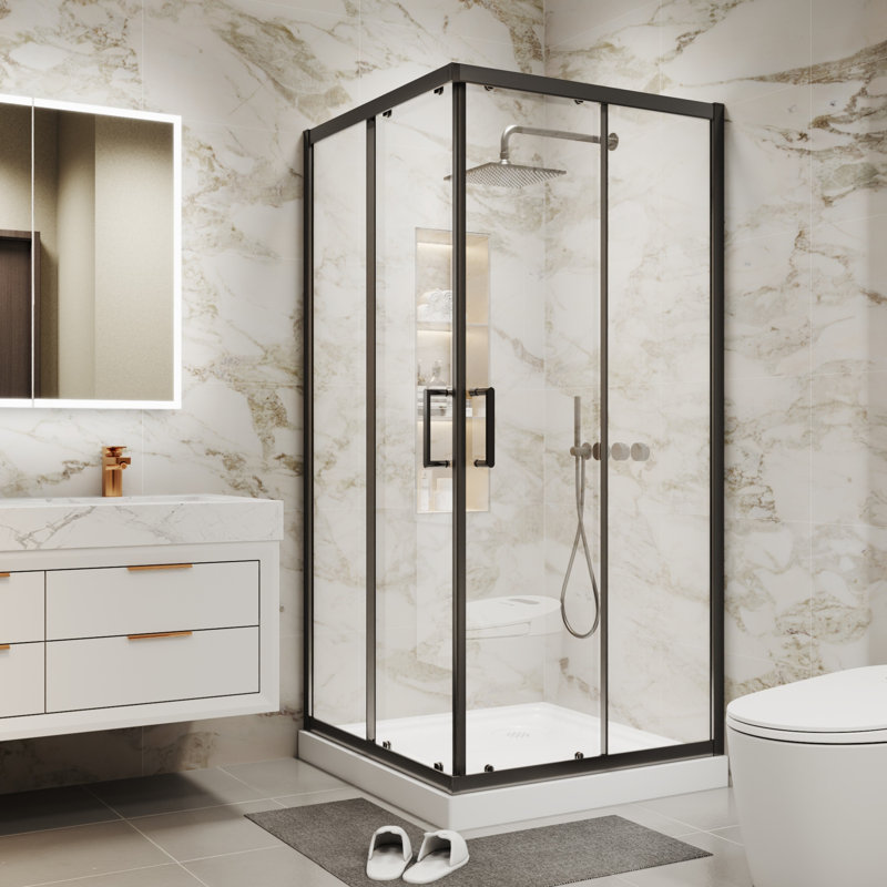 36" W x 71" H Double Sliding Shower Door, Tempered Clear Glass Shower Door with Stainless Steel Handle, Matte Black