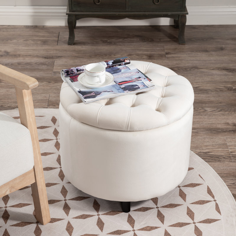 Repose-pieds rond avec rangement en velours Briana, Velours crème