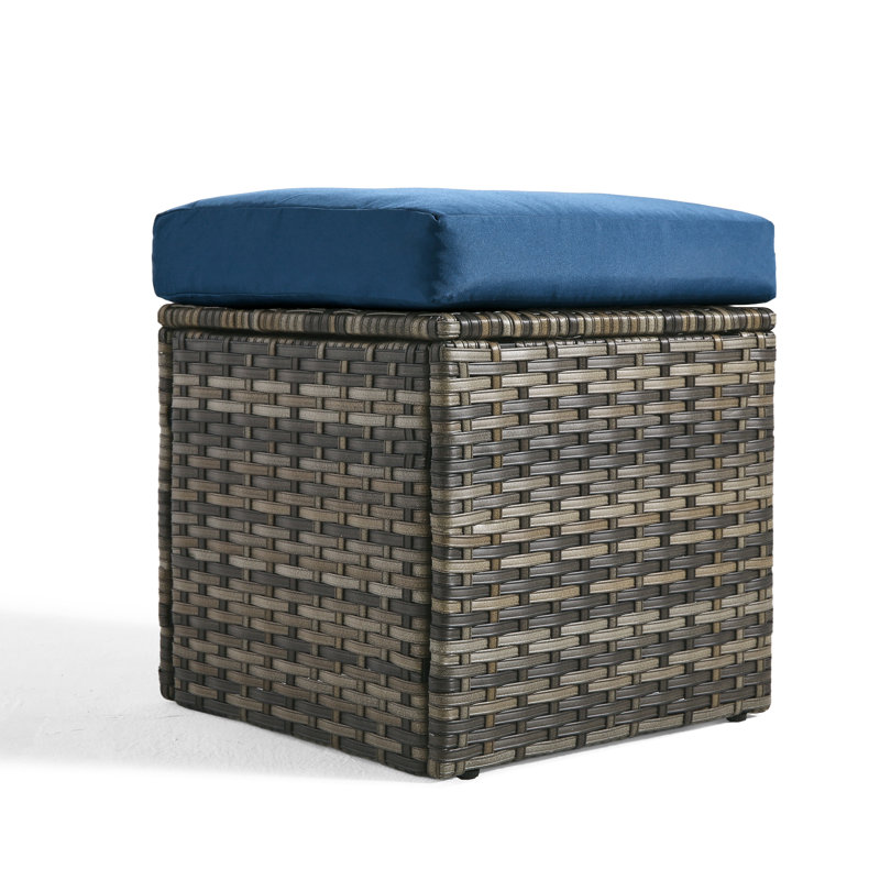 Stylish PE Wicker Square Outdoor Patio Ottoman, Gray, Blue