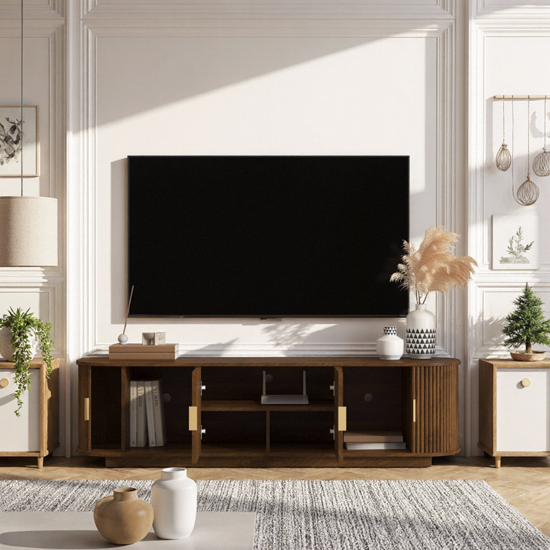 Meuble télé en bois avec portes coulissantes en forme de tambour, Brown