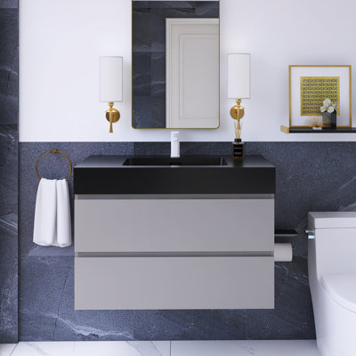 36 po W Meuble-lavabo mural simple avec lavabo noir