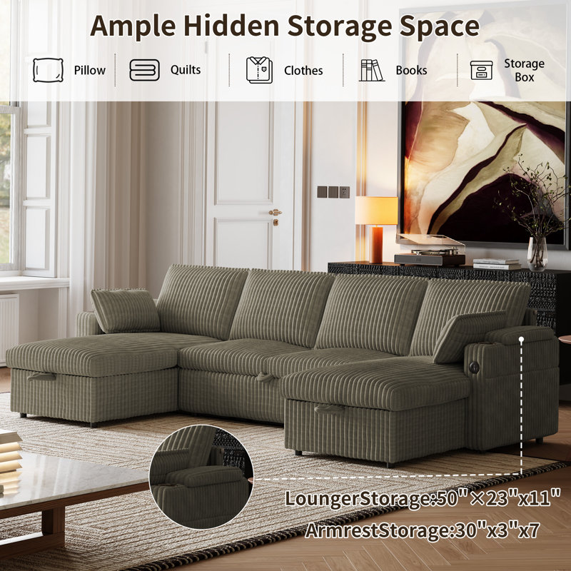 104''W U Shaped Corduroy Sectional Sofa With Storage Chaises And Pull Out Bed, Gray Corduroy