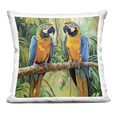 Two Macaws Among Foliage Decorative Printed Throw Pillow, design by Petal Prints Design
