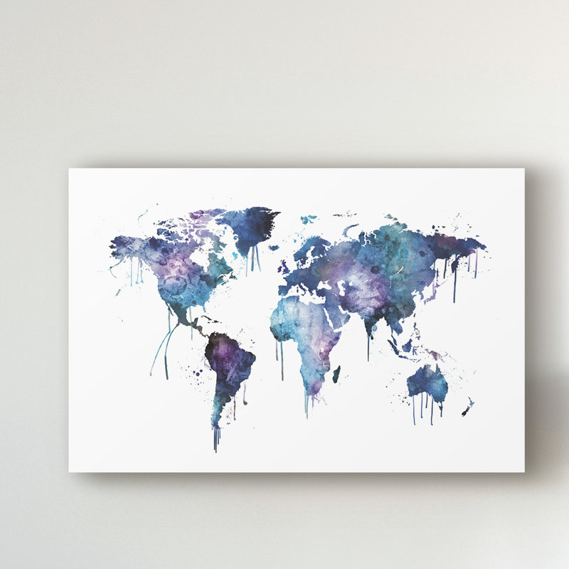 «Watercolor Map of the World Map» par Michael Tompsett, reproduction d'art graphique sur toile, H 22 po x l 32 po x P 2 po