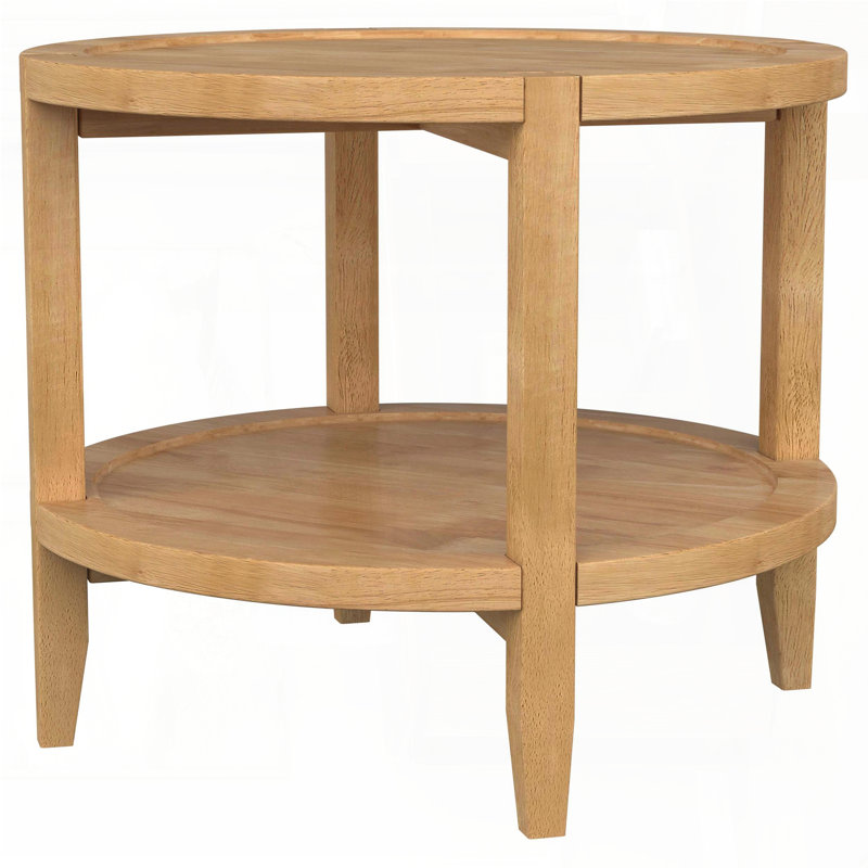 Round Solid Wood End Table with Lower Shelf - Maple Brown Finish, Modern Farmhouse Design