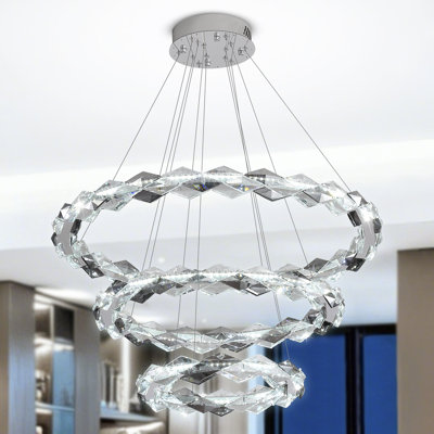 Led 3-ring Elegant K9 Crystal Ring Chandelier Adjustable Hanging Light Fixture For Living Room