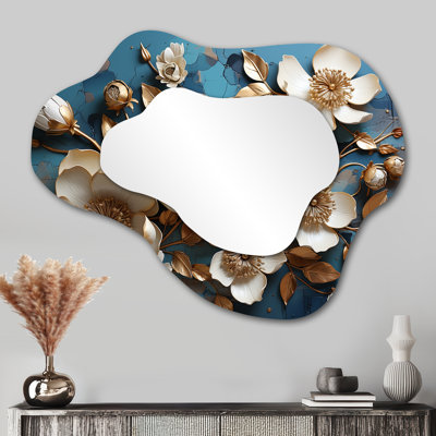 Golden White and Blue Orchid flowers Tree II - Floral Cloud Large Wall Mirror, Gold Asymmetrical Decorative Mirror, Printed Metal Art