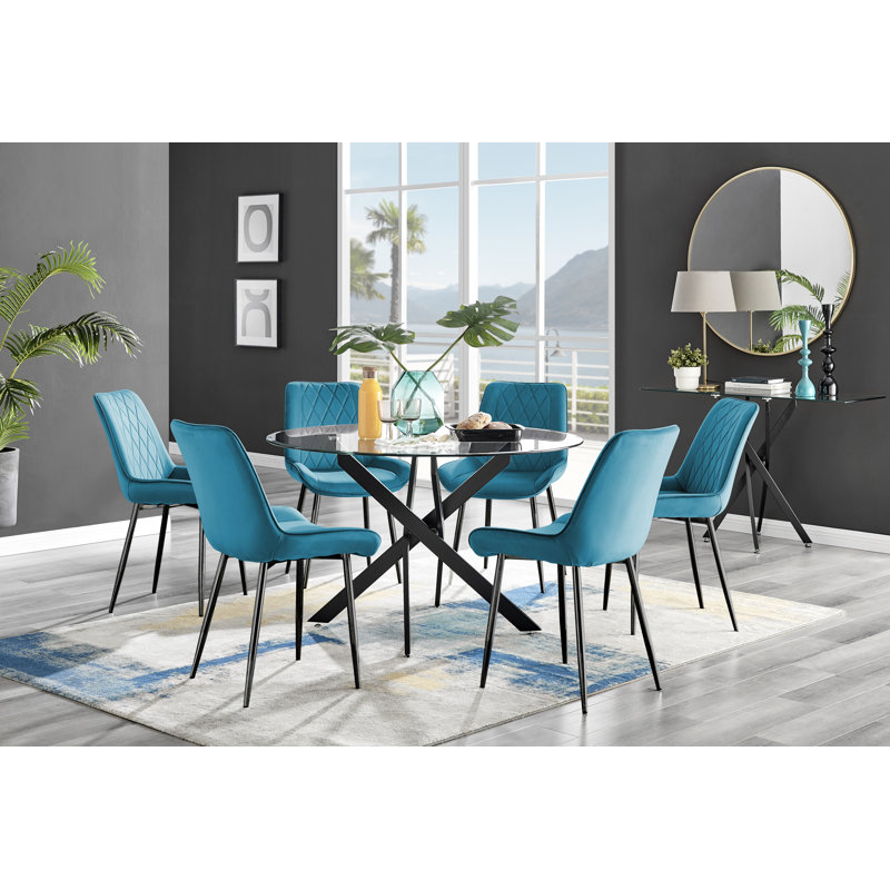 Tierra Modern Chrome Metal & Glass Round Dining Table Set with 6 Luxury Faux Leather Chairs, Blue/Black