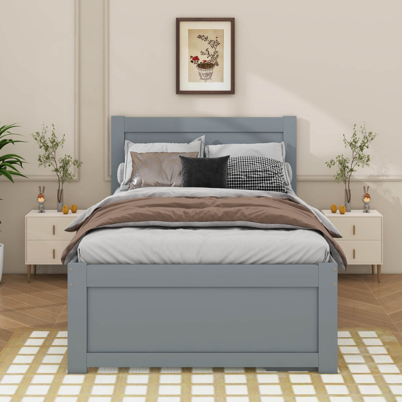 Lit plateforme avec tiroir et tablettes, Gris, Lit double