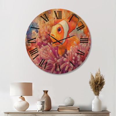 Très grande horloge murale côtière en bois - poisson clown et anémone de mer