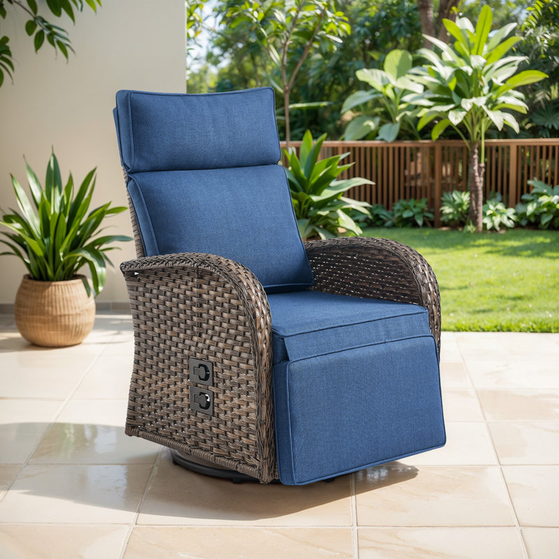 Esquer 59" Outdoor Wicker Poolside Reclining Swivel Single Chaise Lounge With Adjustable Recliner And Cushions, Bleu