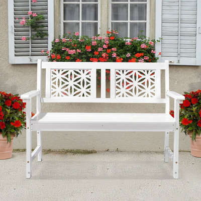 46-Inch White Solid Wood Patio Bench With Floral Backrest