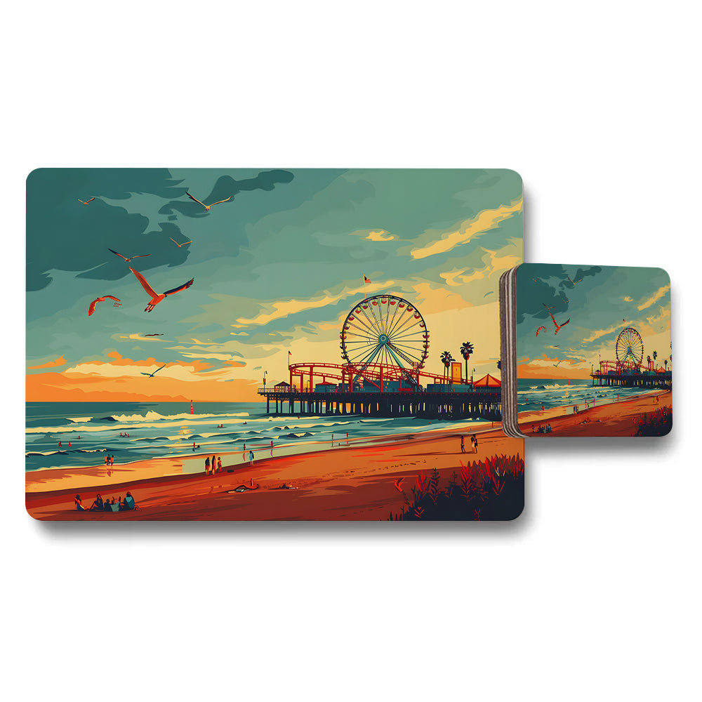 Sunset Pier Placemats and Coasters Set With Ferris Wheel Art