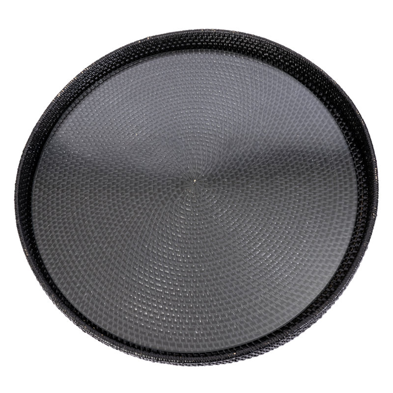 16" Round Serving-ottoman Tray With Glass Insert, 16" W x 16" D x 1.5" H, Tudor Black