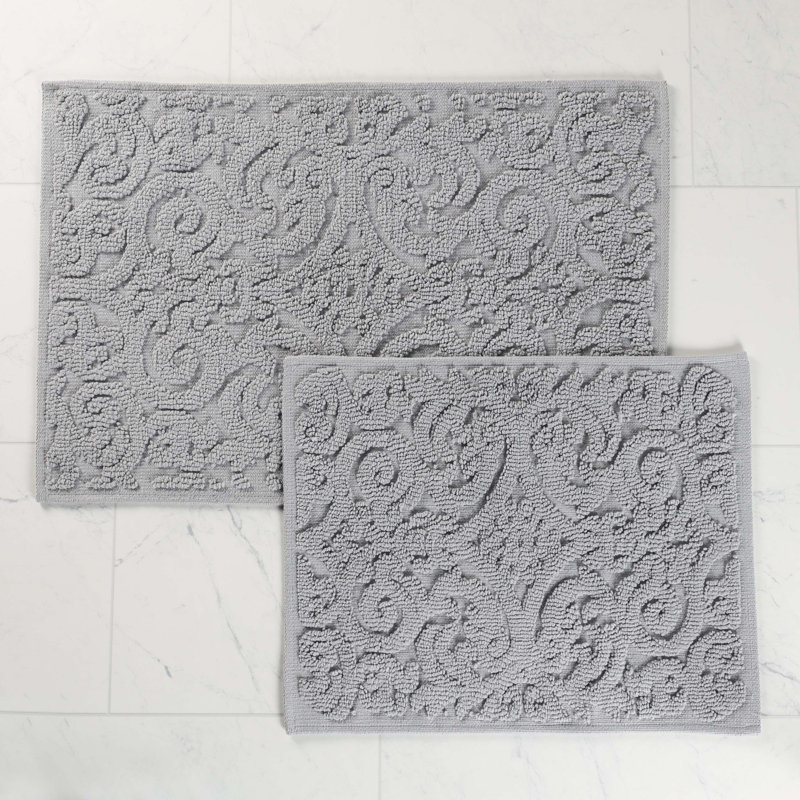 Venere Elegant Floral Scroll Textured Machine Washable 2 Piece Bathroom Rug Set, Light Gray, LARGE- 2 Piece Set